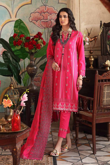 3 PC Unstitched Embroidered Lawn Suit with Yarn Dyed Dupatta FE-12256
